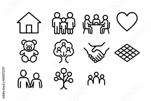 Family Partnership Icons. Outline icon set of Family partnerships: home, parents and children, shared meal,