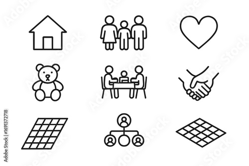 Family Partnership Icons. Outline icon set of Family partnerships: home, parents and children, shared meal,