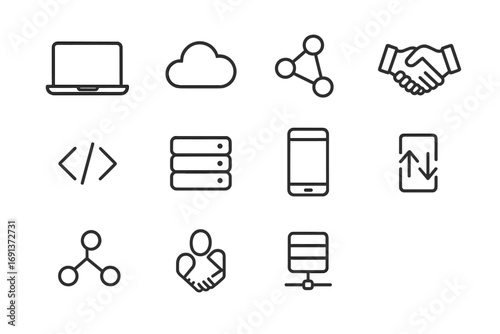 Tech Partnership Icons. Outline icon set of Tech partnerships: laptop, cloud, connected nodes, handshake,