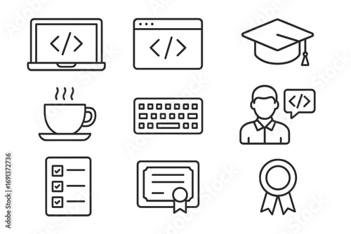 Coding Bootcamp Icons. Outline icon set of Coding bootcamps: laptop, code editor, graduation cap, coffee cup,