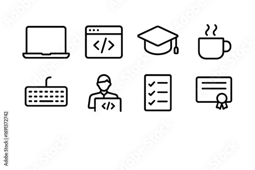 Coding Bootcamp Icons. Outline icon set of Coding bootcamps: laptop, code editor, graduation cap, coffee cup,