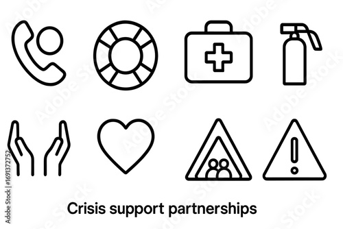 Crisis Support Icons. Outline icon set of Crisis support partnerships: emergency phone, life buoy, first aid