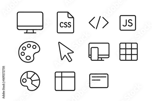 Frontend Icons Grid. Outline icon set of Frontend development: monitor, CSS file, HTML tag, JavaScript symbol,
