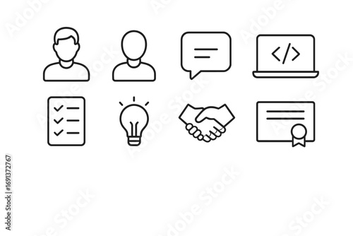 Coding Mentorship Icons. Outline icon set of Mentorship in coding bootcamps: mentor figure, student figure,