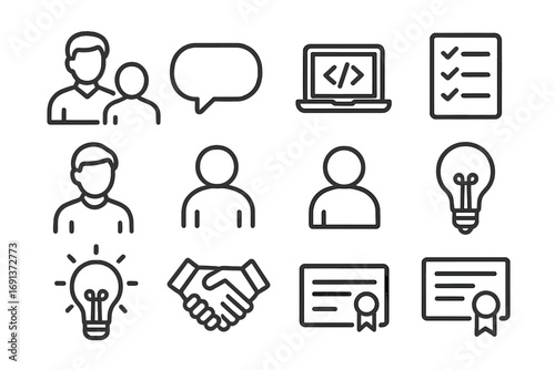 Coding Mentorship Icons. Outline icon set of Mentorship in coding bootcamps: mentor figure, student figure,