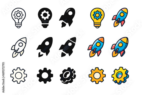 Innovative Vector Logos. Set Logo of Business: Light Bulb, Rocket, Gear. Logo set in vector style, emblematic variations. Light