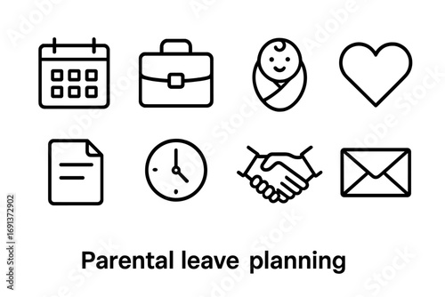 Parental Leave Icons. Outline icon set of Parental leave planning: calendar, suitcase, baby, heart, document,