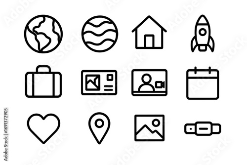 Interplanetary Connection Icons. Outline icon set of belonging between Earth and Mars: Earth icon, Mars icon, house, rocket,