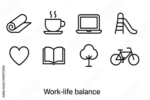 Work-Life Balance Icons. Outline icon set of Work-life balance: yoga mat, coffee cup, laptop, playground,