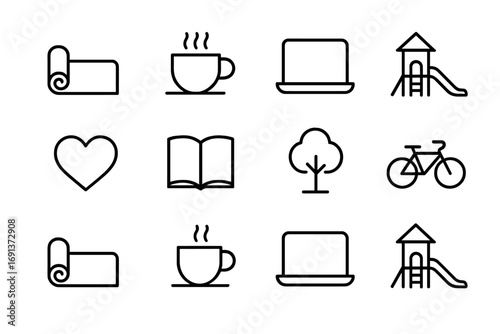 Work-Life Balance Icons. Outline icon set of Work-life balance: yoga mat, coffee cup, laptop, playground,