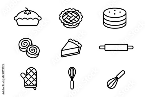 Fall Baking Icon Set. Outline icon set of Fall baking (pies, cakes): pumpkin pie, apple pie, spice cake,