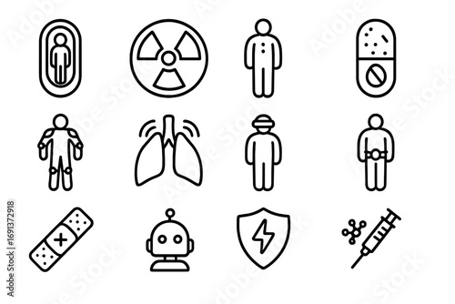 Interstellar Survival Icons. Outline icon set of interstellar survival adaptations: cryosleep pod, radiation shield, hibernation