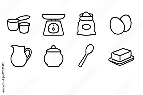 Baking Prep Icons. Outline icon set of Baking preparation: measuring cups, scale, flour sack, eggs, milk jug,