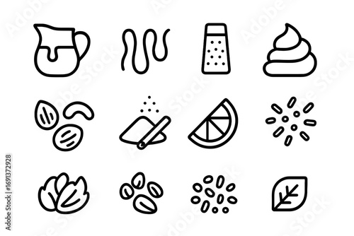 Fall Treat Toppings. Outline icon set of Sweet toppings for fall treats: caramel sauce, chocolate drizzle,