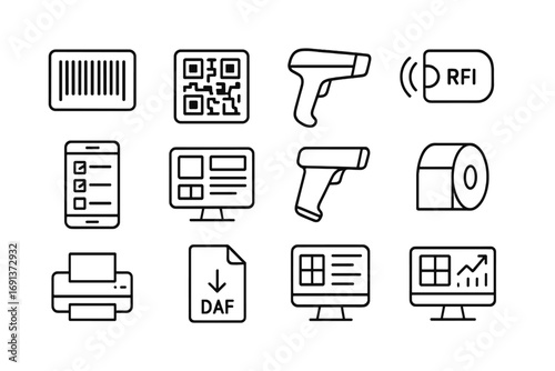 Inventory Tool Icons. Outline icon set of Inventory tracking tools: barcode label, QR code label, handheld scanner, RFID tag,