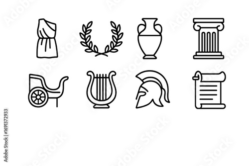 Ancient Civilizations Icons. Outline icon set of Life in ancient Roman and Greek civilizations: toga, laurel
