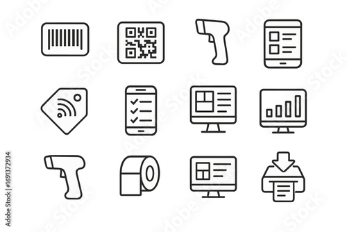 Inventory Tool Icons. Outline icon set of Inventory tracking tools: barcode label, QR code label, handheld scanner, RFID tag,