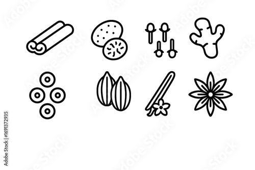 Fall Spices Icons. Outline icon set of Fall spices for desserts: cinnamon, nutmeg, cloves, ginger, allspice,