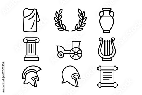 Ancient Civilizations Icons. Outline icon set of Life in ancient Roman and Greek civilizations: toga, laurel