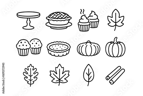 Fall Bakery Icons. Outline icon set of Fall-themed bakery display: cake stand, pie platter, cupcakes, muffins,
