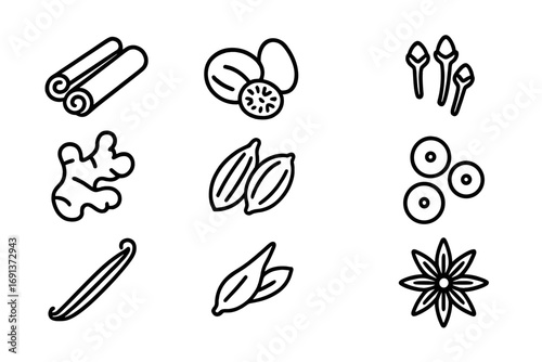 Fall Spices Icons. Outline icon set of Fall spices for desserts: cinnamon, nutmeg, cloves, ginger, allspice,