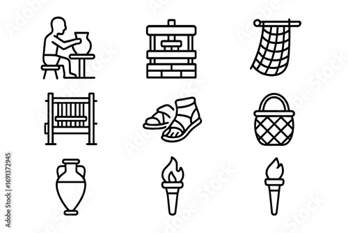 Greek Daily Icons. Outline icon set of Greek daily activities: pottery wheel, olive press, fishing net, loom,