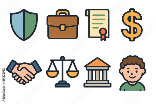 Investment Icons Grid. Flat vector mini-illustrations Investment protection treaty in colors children’s illustrations: shield,