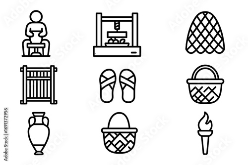 Greek Daily Icons. Outline icon set of Greek daily activities: pottery wheel, olive press, fishing net, loom,