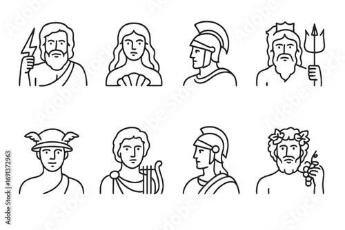 Roman God Icon Set. Outline icon set of Roman gods and mythology: Jupiter, Venus, Mars, Neptune, Mercury,