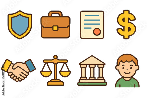 Investment Icons Grid. Flat vector mini-illustrations Investment protection treaty in colors children’s illustrations: shield,