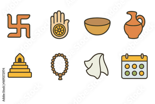 Jain Spiritual Symbols. Flat vector mini-illustrations Jain Paryushana fasting in colors children's illustrations: swastika symbol