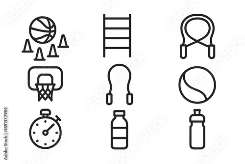 Basketball Training Icons. Outline icon set of Basketball training drills: dribble cone, ladder, jump rope,