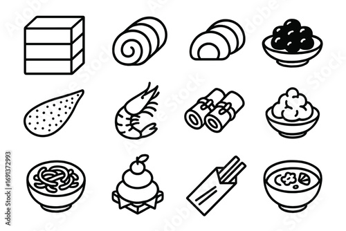 Japanese New Year Icons. Outline icon set of Japanese New Year osechi & tableware: jubako tiered box, datemaki roll, kamaboko