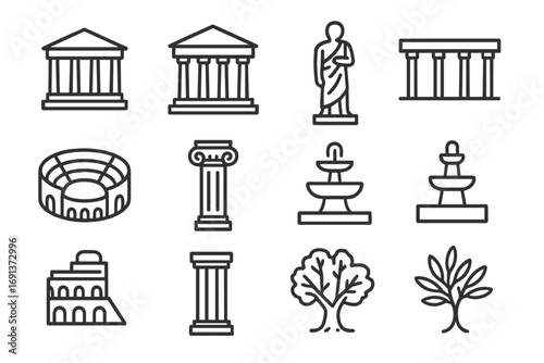 Greek Icons Outline. Outline icon set of Greek public life: agora, temple, statue, stoa, theater, column,