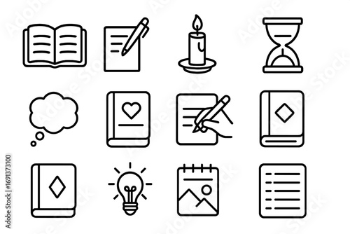 Journaling Icon Set. Outline icon set of Journaling and reflection: open diary, pen and paper, candle on desk, hourglass,