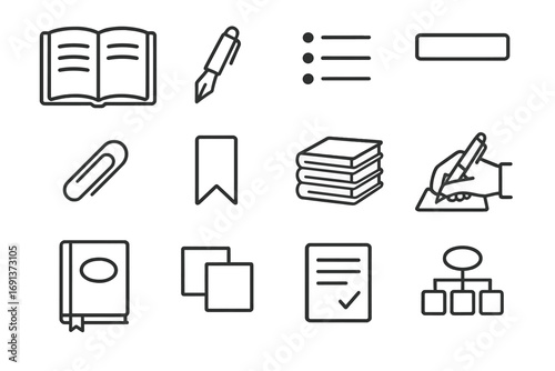 Journaling Icon Set. Outline icon set of Journaling for mental clarity: open notebook, fountain pen, bullet points list, date