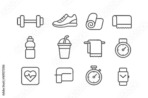 Fitness Icon Grid. Outline icon set of Fitness and refreshment: dumbbell, running shoes, yoga mat, water