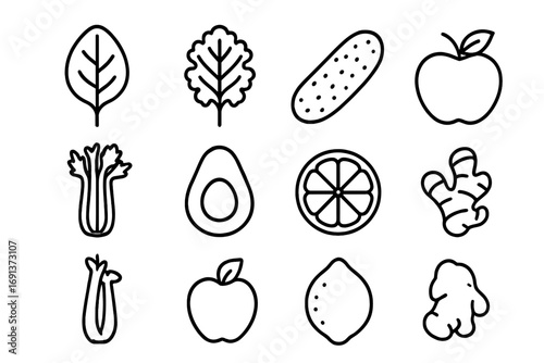 Green Smoothie Ingredients Icons. Outline icon set of Ingredients for green smoothies: spinach, kale, cucumber