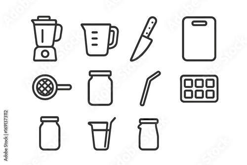 Smoothie Tool Icons. Outline icon set of Smoothie preparation tools: blender, measuring cup, knife, cutting