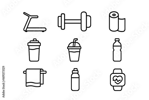 Fitness Routine Icons. Outline icon set of Fitness and smoothie routine: treadmill, dumbbell, yoga mat,