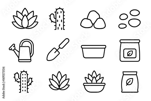 Rock Garden Icons. Outline icon set of Creating a rock garden with succulents and cacti: succulent plant,