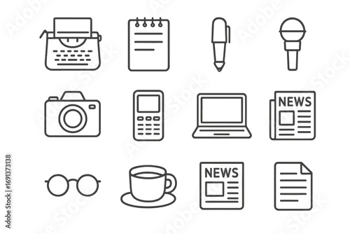 Journalism Icon Set. Outline icon set of journalistic writing essentials: typewriter, notepad, pen, microphone, camera, voice