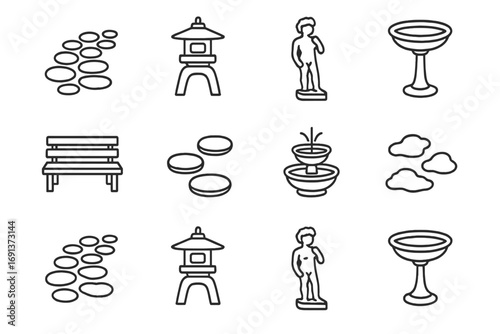 Garden Decor Icons. Outline icon set of Garden decorations: pebble path, stone lantern, miniature statue, bird