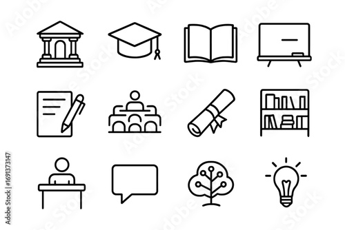 Journalism Education Icons. Outline icon set of journalism education: university building, graduation cap, open book, chalkboard,