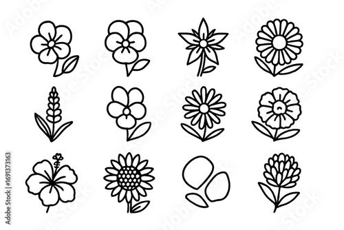 June Edible Flower Icons. Outline icon set of June edible flowers: nasturtium, pansy, borage, calendula, lavender, violet,