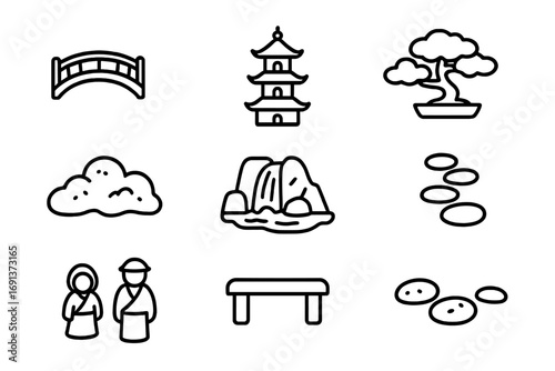 Mini Rock Garden Icons. Outline icon set of Miniature rock garden features: tiny bridge, mini pagoda, bonsai