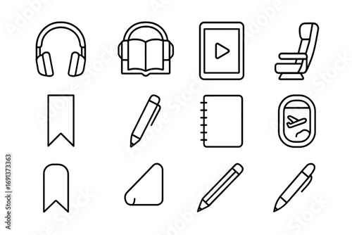 Audio Books in Flight. Outline icon set of Audio books in flight: headphones, book, tablet, airplane seat,