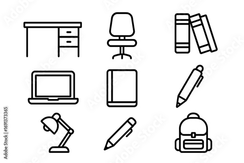Home Office Icons. Outline icon set of Home office for studying: desk, chair, books, laptop, notebook, pen,