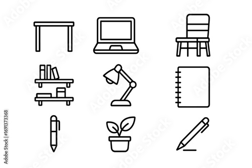 Compact Home Office Icons. Outline icon set of Compact home office: small desk, laptop, chair, wall shelves,