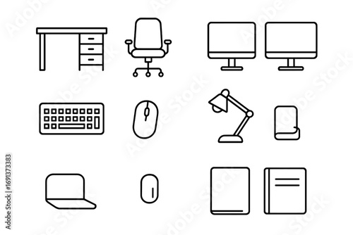 Home Office Icons. Outline icon set of Home office setups: desk, office chair, laptop, monitor, keyboard,